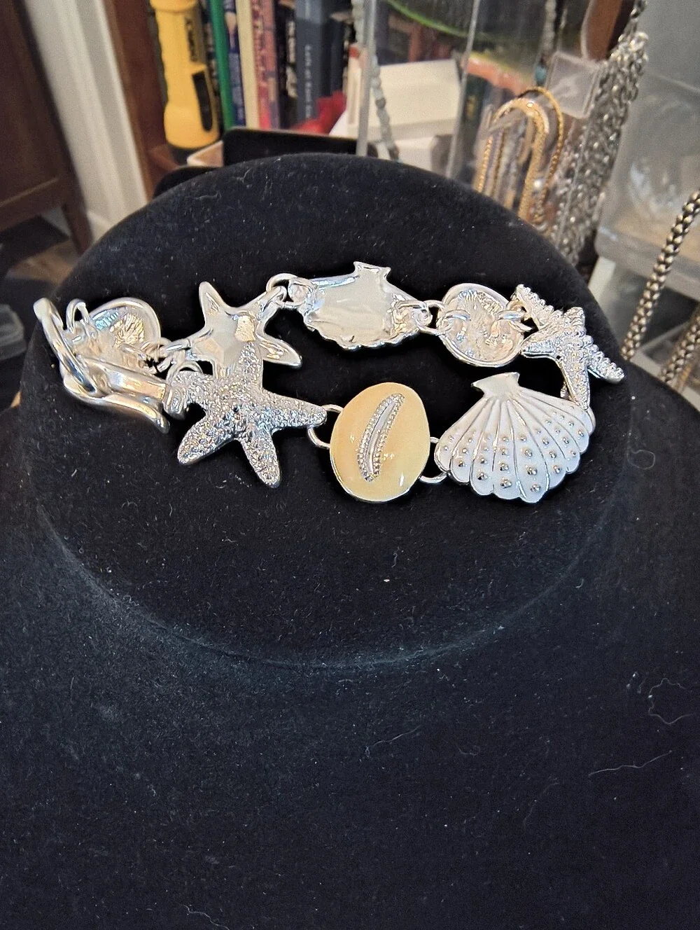 Coastal Starfish Seashell Bracelet 14K White Gold Plated Yellow Enamel NWOT